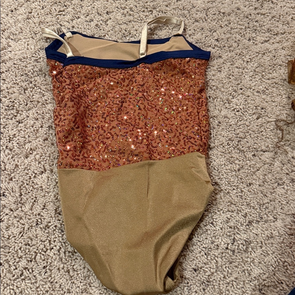 Dansco dance costume tan navy orange sequins leotard tutu Medium Child - Picture 2 of 2